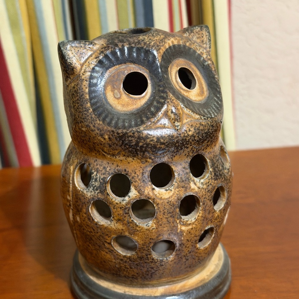 Vintage 70s Brown Ceramic Owl Tealight Candle Holder